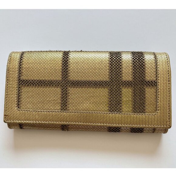 Burberry Haymarket Check Canvas Gold Leather Wallet Card Holder - Picture 1 of 10